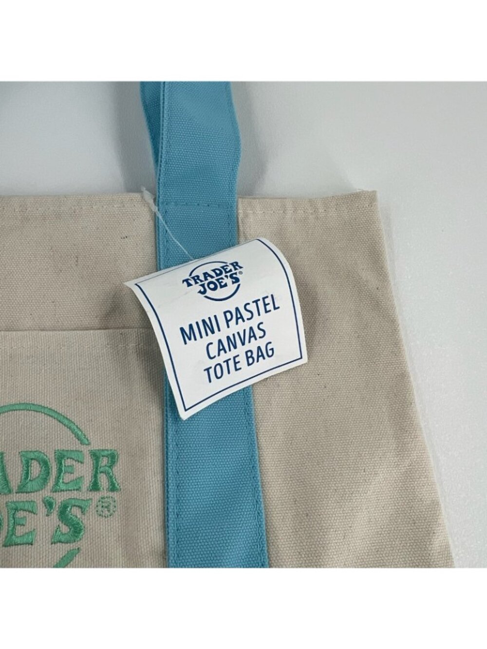Trader Joes Mini Pastel Canvas Tote Bag Women Grocery Shopper Handbag Blue Beige - Picture 8 of 12